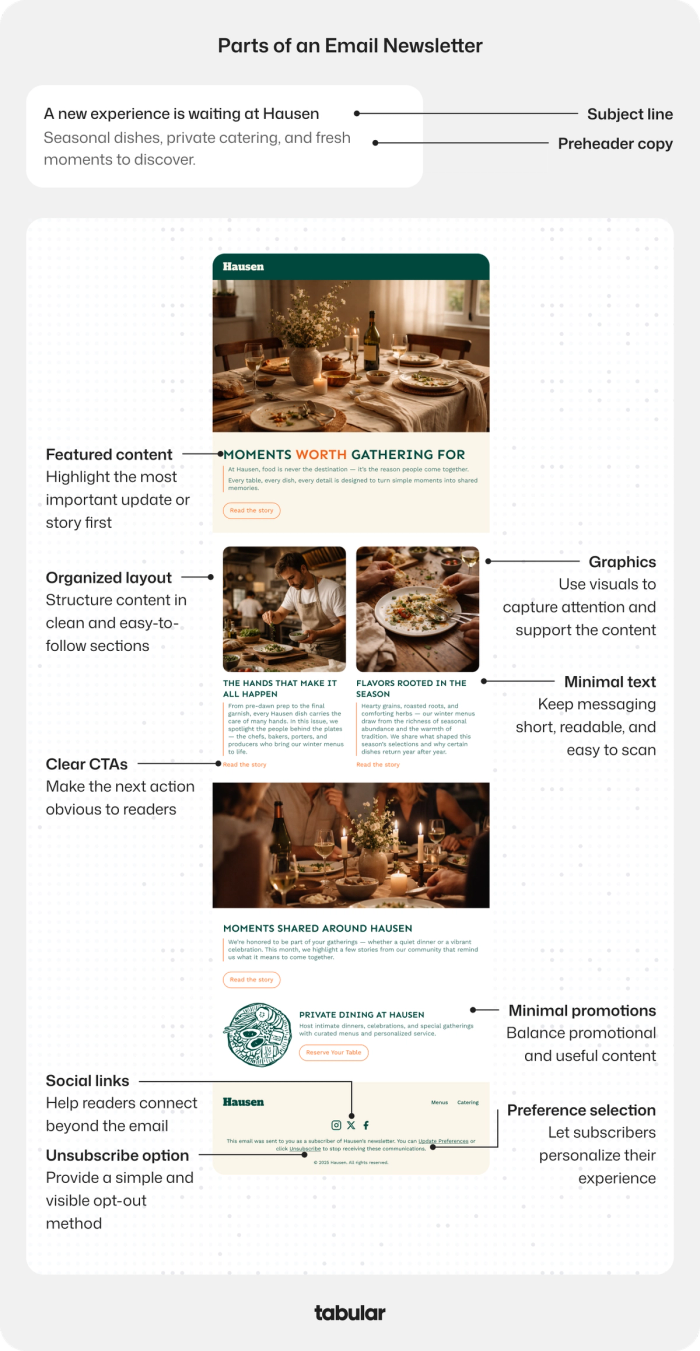 Infographic breaking down the parts of an email newsletter, highlighting layout elements like featured content, graphics, and clear CTAs.