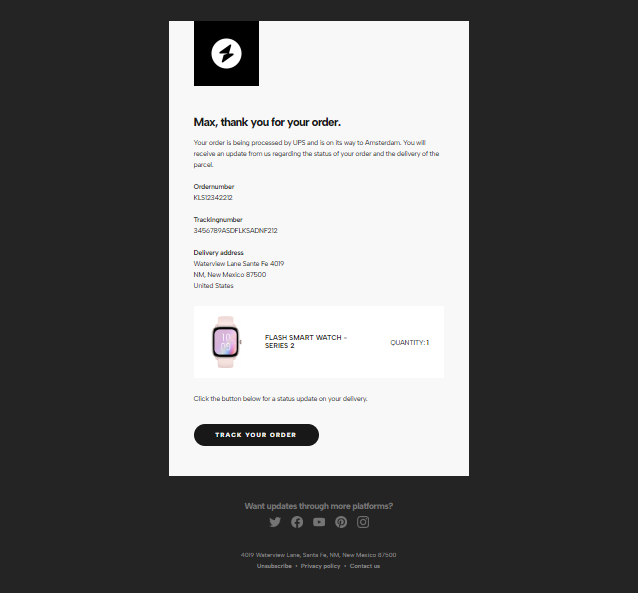 Order confirmation email template.