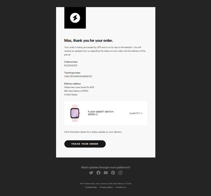 Transactional html email template for shipping notification.