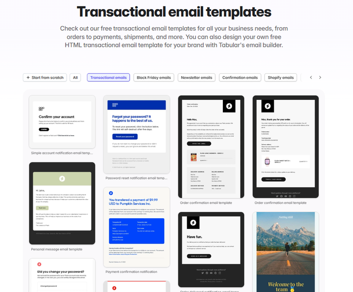 A library of free HTML transactional email templates featuring designs for order confirmations, password resets, and account notifications from Tabular.