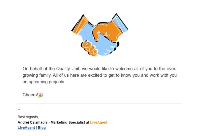 A welcome email template for welcoming a new colleague by Liveagent.