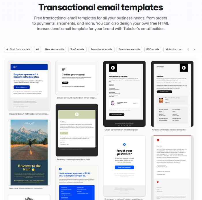 Transactional email template library including designs for password resets, order confirmations, and welcome messages.