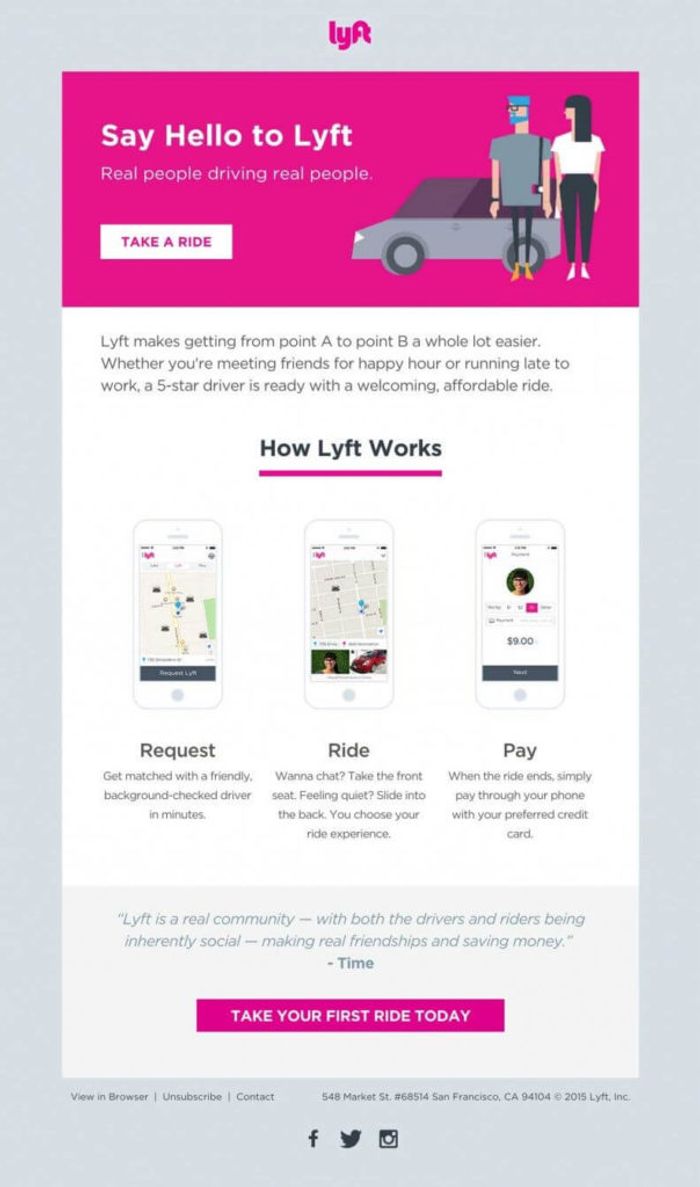 A welcome email template example by Lyft.