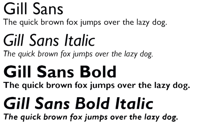 Gill Sans font in different weights.