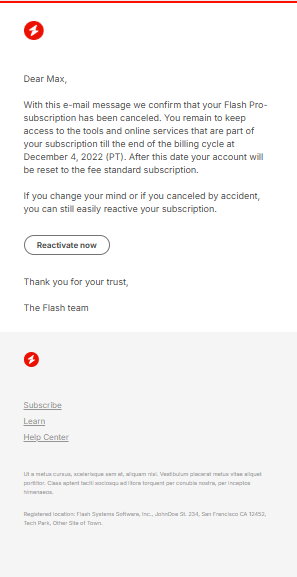 Account cancelation email template for SaaS.