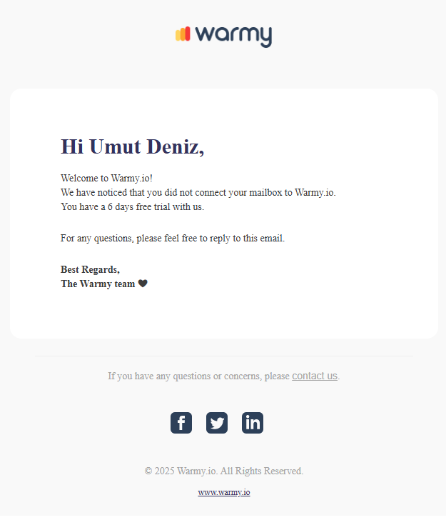 Warmy welcome email example.