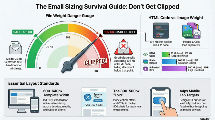 Infographic titled 'The Email Sizing Survival Guide' featuring a file weight gauge. It explains the 102KB Gmail clipping limit for HTML code, recommends keeping images under 200KB and GIFs under 500KB, and lists layout standards like 600-640px width and 44px mobile tap targets.