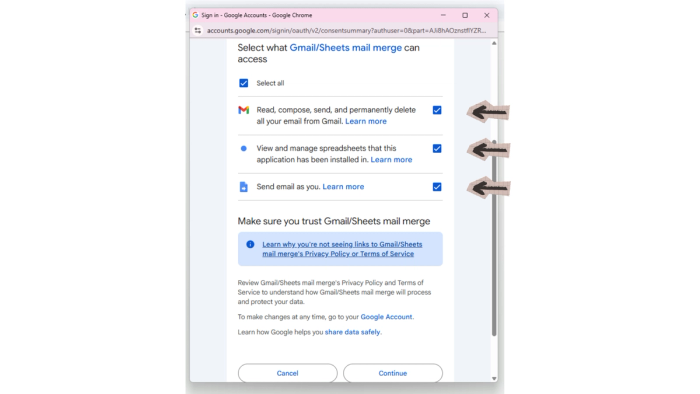 A screenshot displaying the authorization options after clicking mail merge.