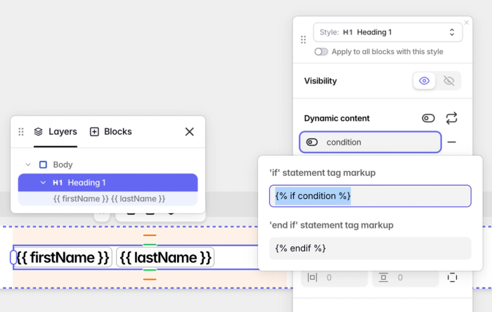 Example of using HubSpot's HubL language if statement on a Tabular email block.