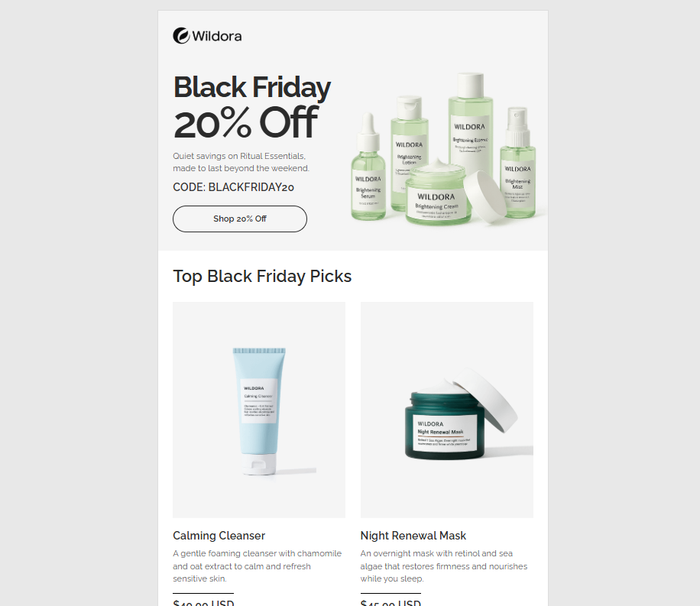 Wildora Black Friday Sale email: Get 20% off ritual essentials with promo code BLACKFRIDAY20. The layout features green skincare bottles and highlights top picks like the Calming Cleanser and Night Renewal Mask.