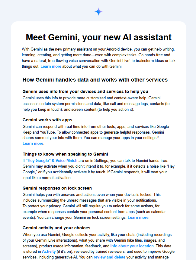 Google's introduction email for Gemini