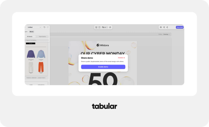 Share email designs with live links with Tabular.