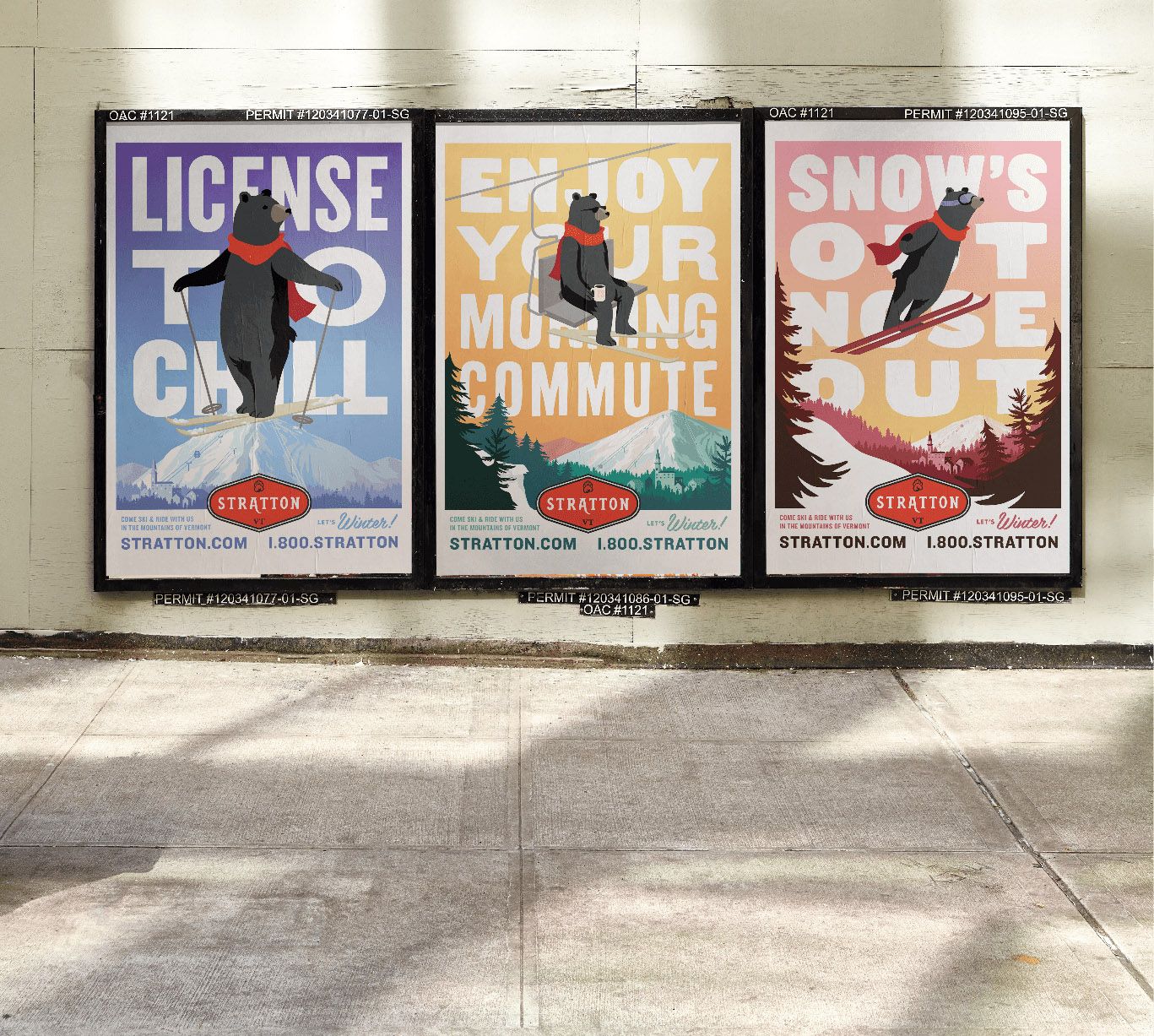 Love & War NYC subway advertising campaign for Stratton Mountain Resort in Vermont, featuring three illustrated “Let’s Winter” ski posters with skiing bears and bold seasonal messaging.