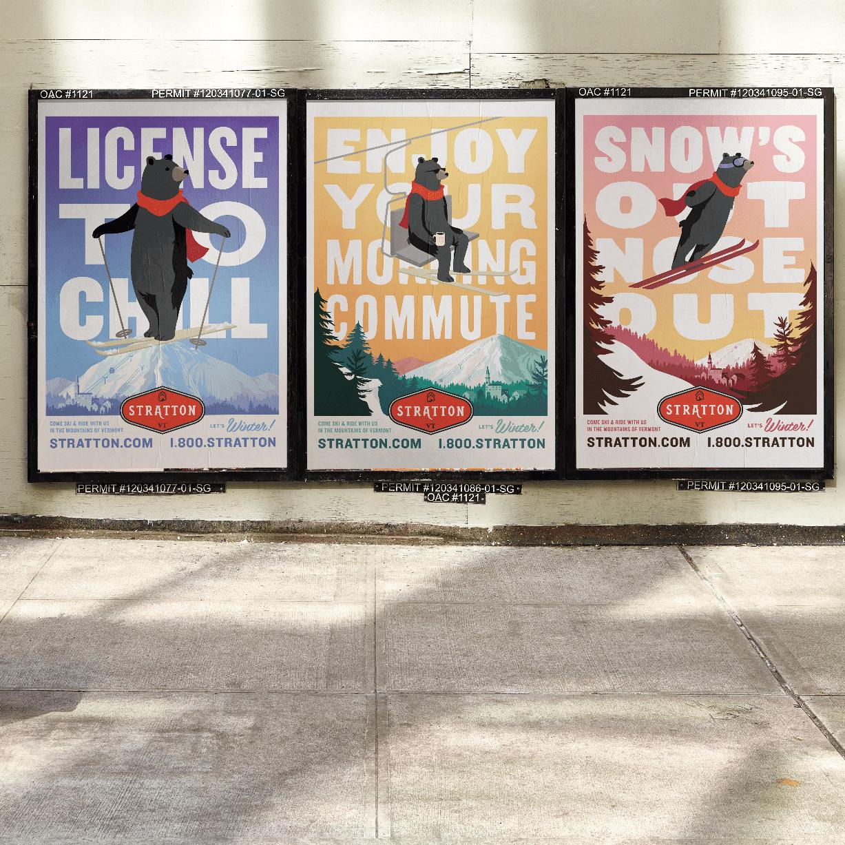 Love & War NYC subway advertising campaign for Stratton Mountain Resort in Vermont, featuring three illustrated “Let’s Winter” ski posters with skiing bears and bold seasonal messaging.