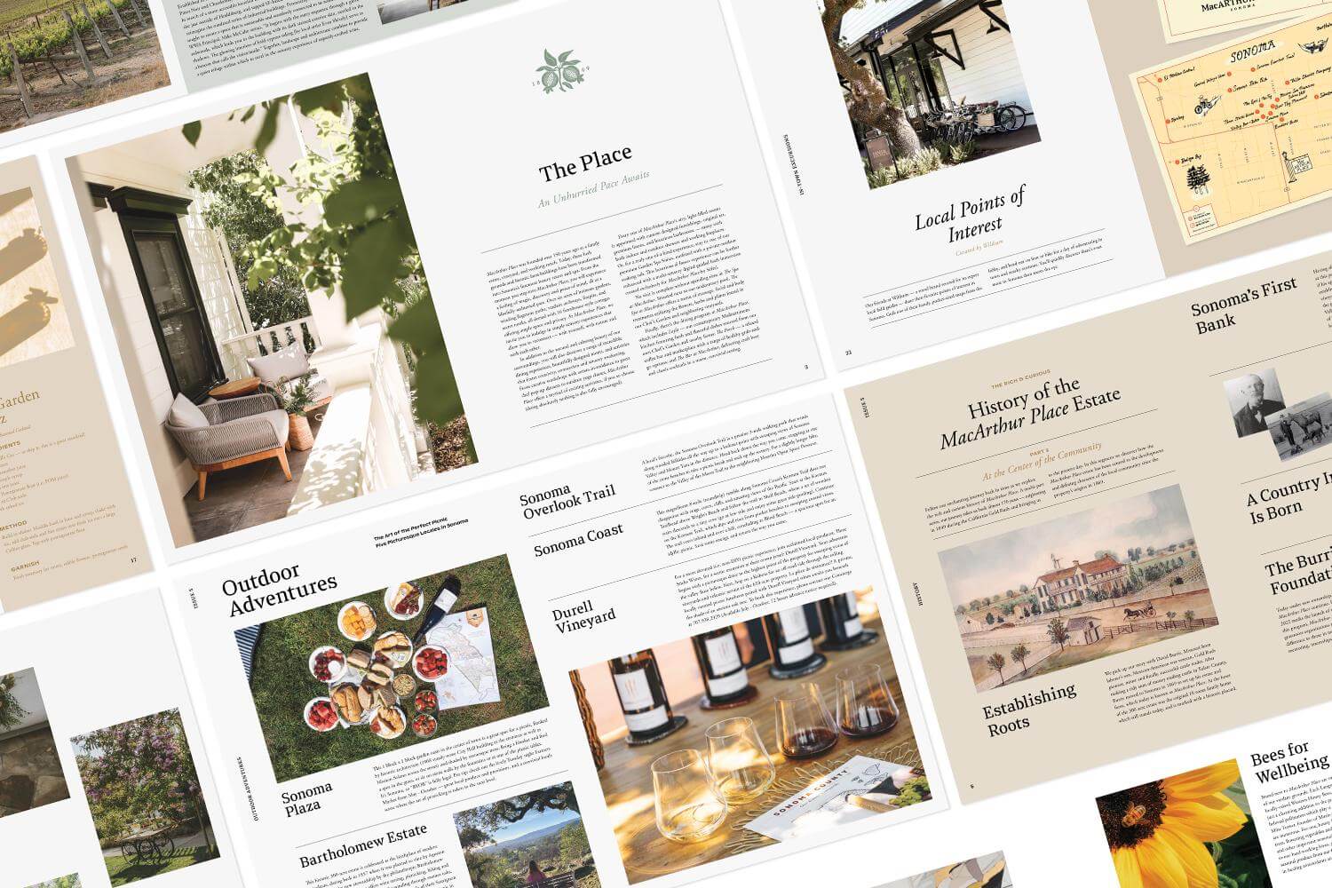 Editorial guest guide created for MacArthur Place Hotel & Spa in Sonoma, California, featuring the hotel’s history, local Sonoma recommendations, wineries, outdoor experiences and points of interest. Love & War developed the brand strategy, visual identity and guest experience for MacArthur Place, extending the hospitality brand into custom editorial content and printed guest materials designed to connect visitors with the property, its history and the surrounding Sonoma Wine Country.