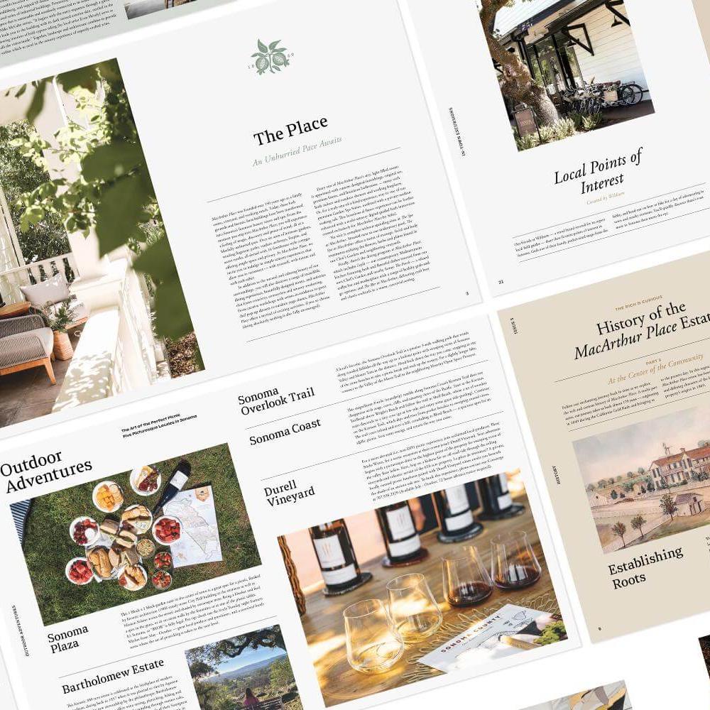 Editorial guest guide created for MacArthur Place Hotel & Spa in Sonoma, California, featuring the hotel’s history, local Sonoma recommendations, wineries, outdoor experiences and points of interest. Love & War developed the brand strategy, visual identity and guest experience for MacArthur Place, extending the hospitality brand into custom editorial content and printed guest materials designed to connect visitors with the property, its history and the surrounding Sonoma Wine Country.