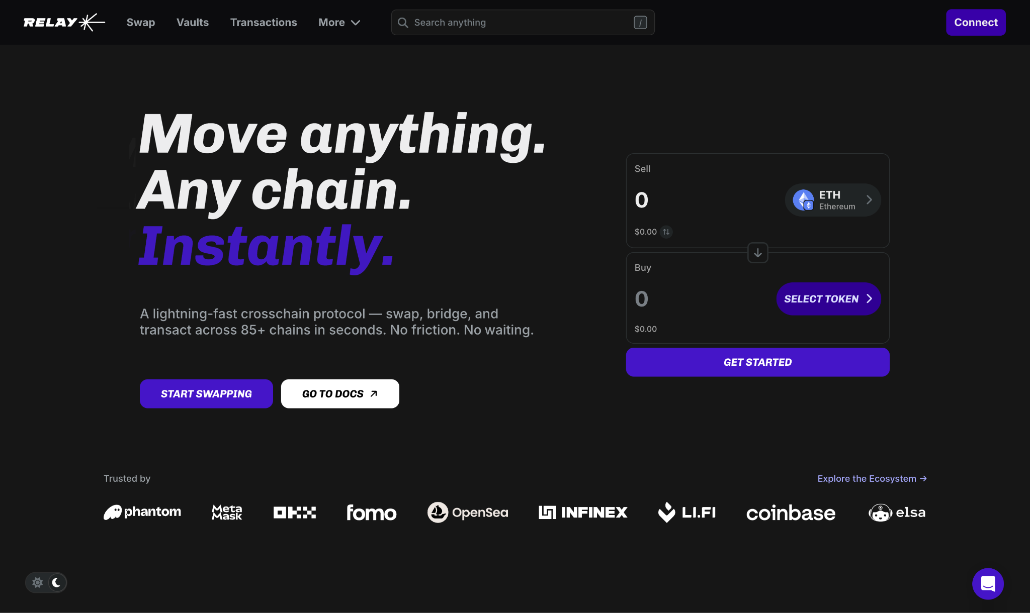 Relay crypto bridging website and transaction interface featuring the Move Anything, Any Chain, Instantly messaging and visual identity by Love & War.