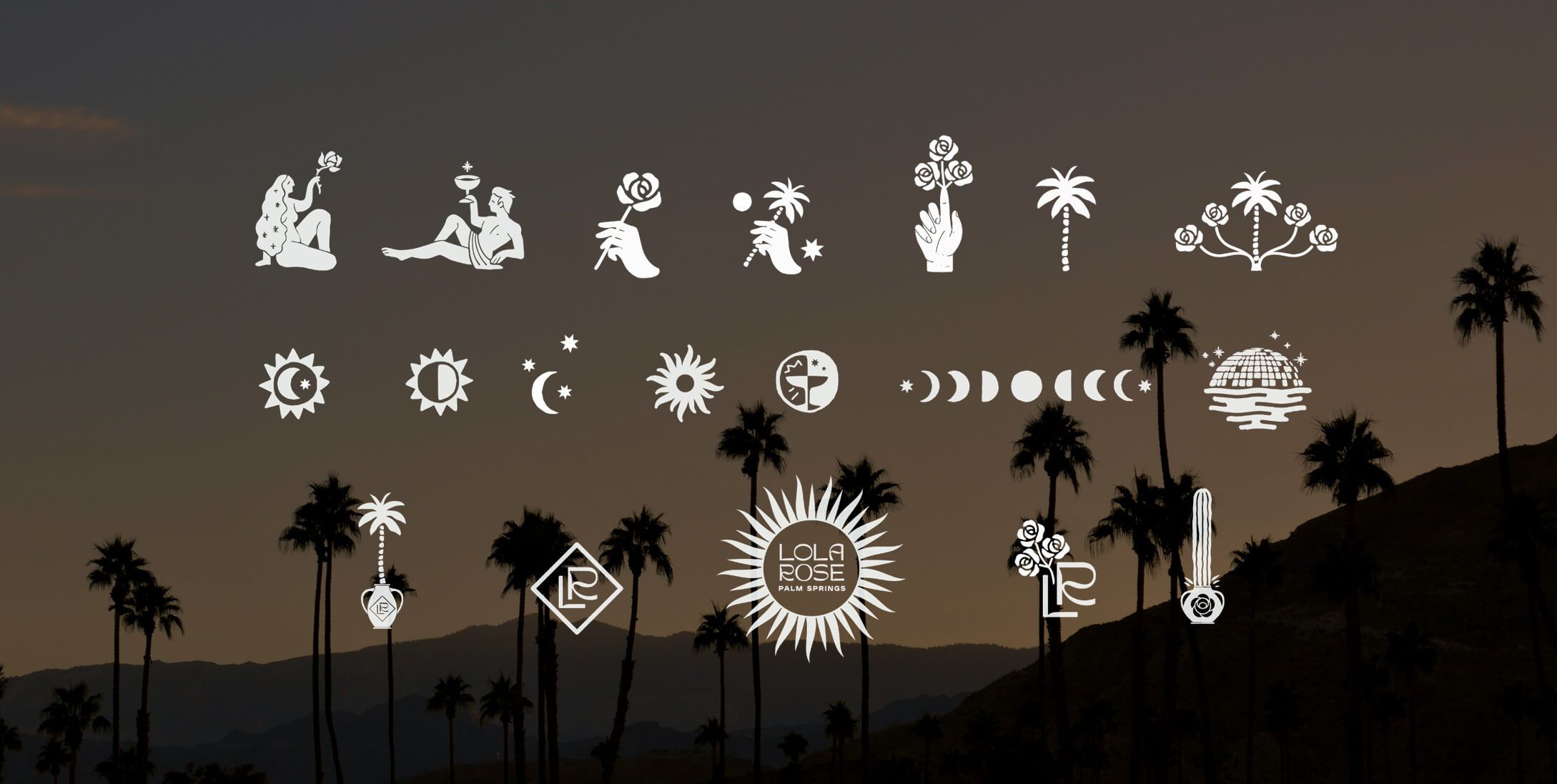 Illustration and icon system created by Love & War for Lola Rose Grand Mezze, combining roses, palms, celestial motifs and desert-inspired graphics