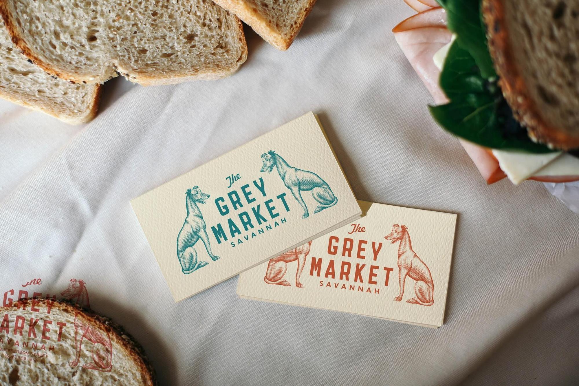 The Grey Market brand cards in Savannah, GA, featuring custom illustration and visual identity by Love & War.