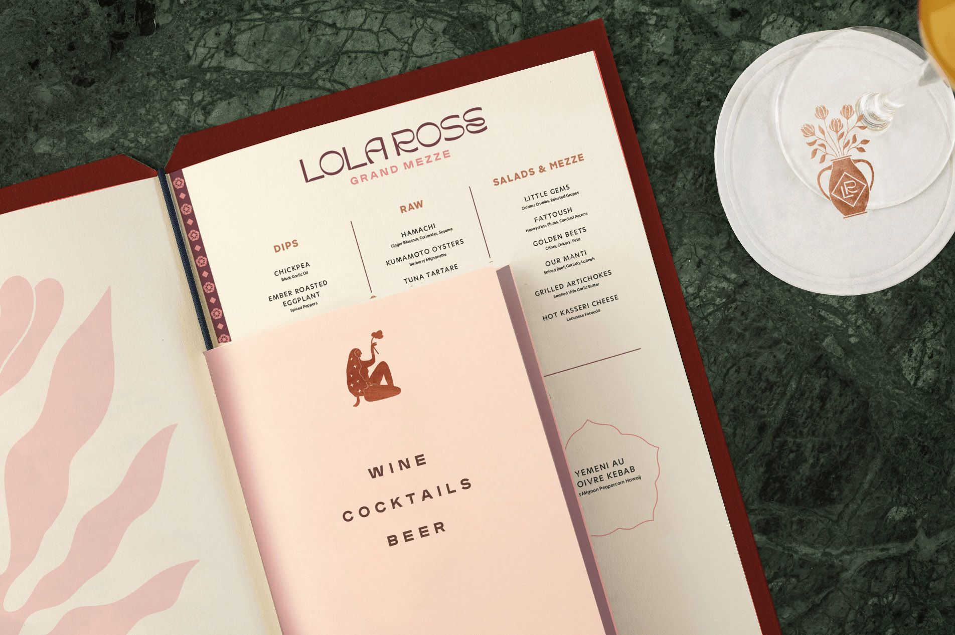 Lola Rose menu and beverage materials at Thompson Palm Springs, featuring the restaurant’s custom typography, color palette and Grand Mezze visual identity by Love & War