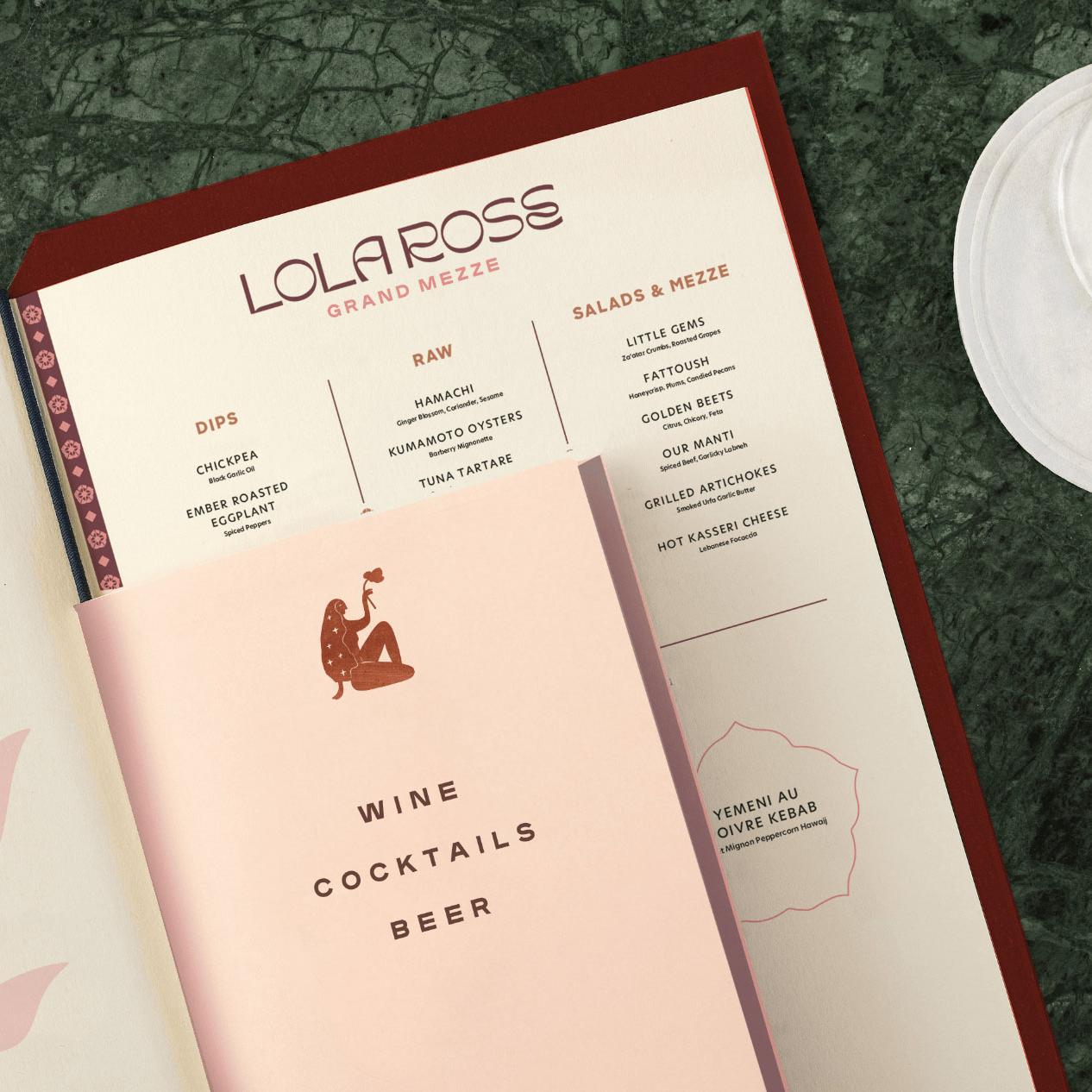 Lola Rose menu and beverage materials at Thompson Palm Springs, featuring the restaurant’s custom typography, color palette and Grand Mezze visual identity by Love & War