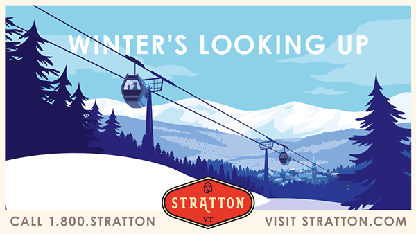 Love & War advertising campaign for Stratton Mountain Resort in Vermont, featuring the “Let’s Winter” tagline, illustrated bears skiing and a gondola against a snowy mountain landscape.