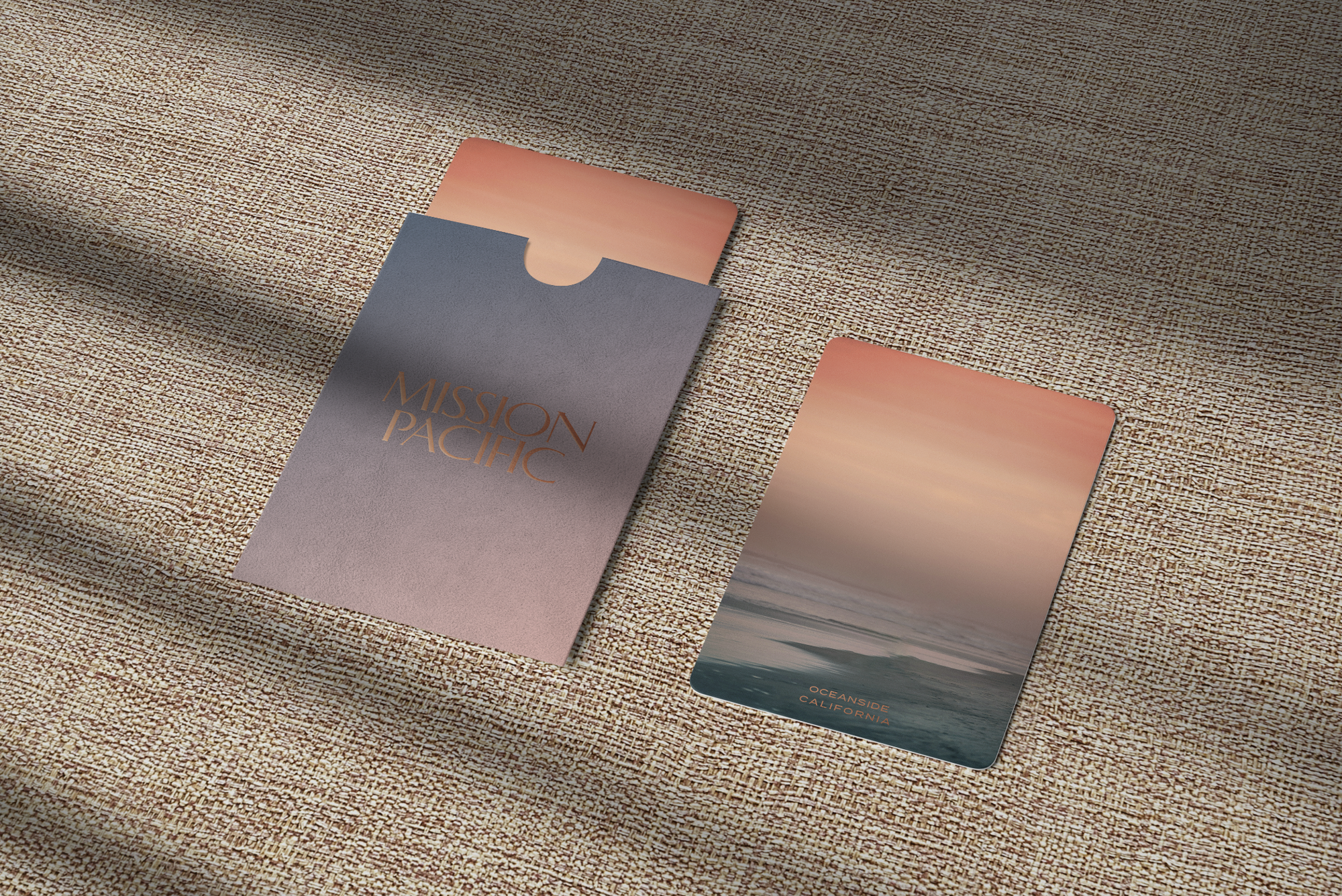 Mission Pacific hotel key card and sleeve designed by Love & War as part of the resort’s visual identity and guest experience. Inspired by Oceanside’s coastal landscape, the custom collateral uses atmospheric ocean photography, warm sunset tones, and refined typography to extend the Southern California hospitality brand into the guest journey.