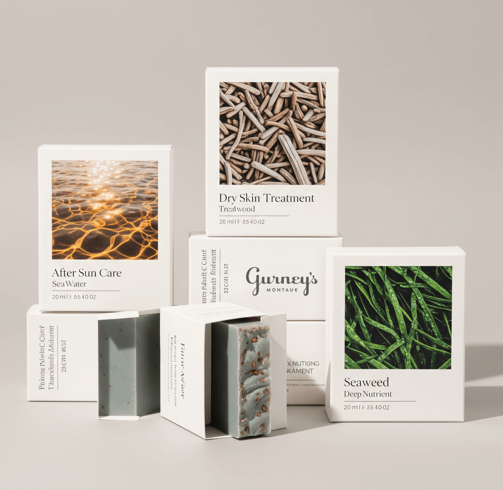 Gurney’s Montauk spa products featuring packaging and brand design developed by Love & War.