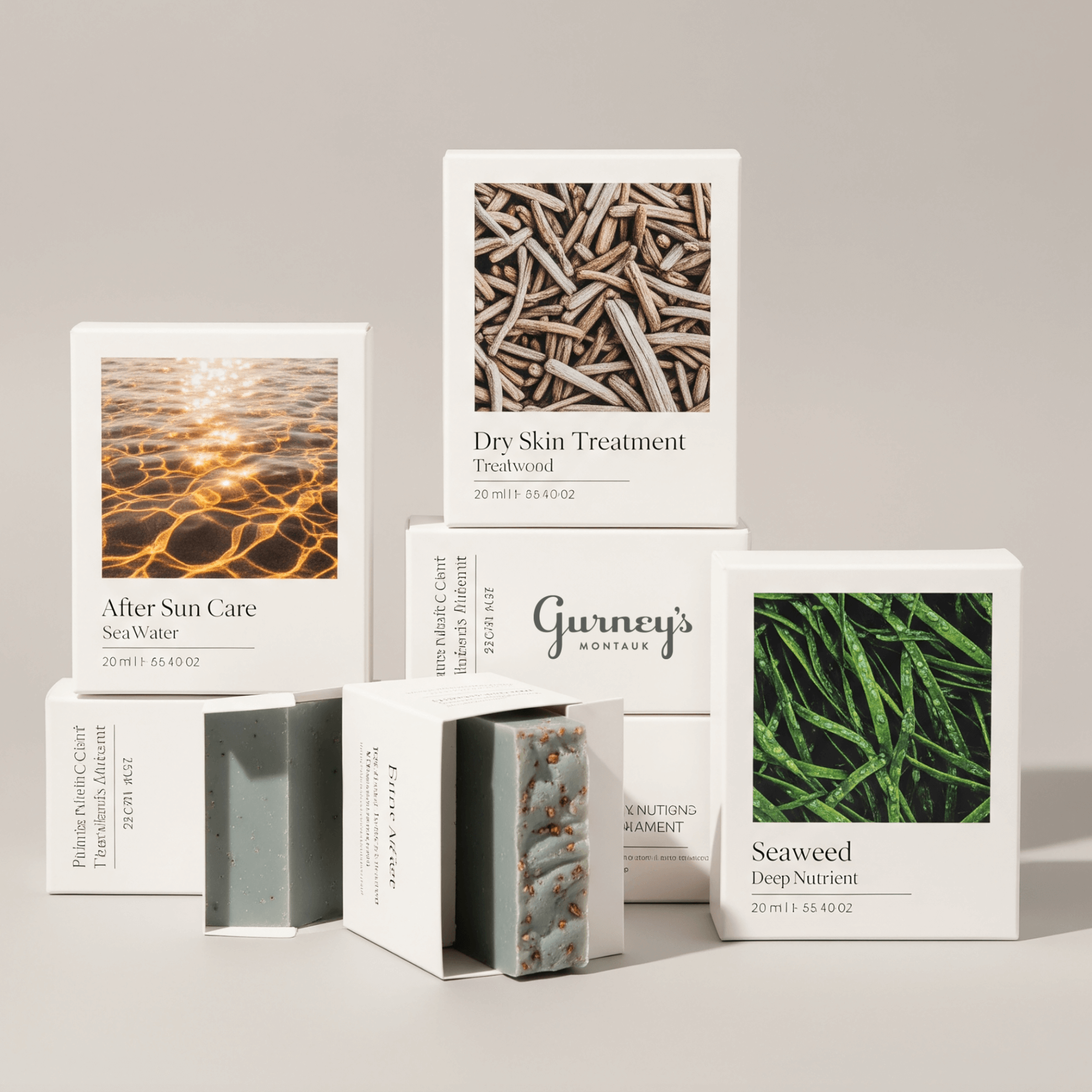 Gurney’s Montauk spa products featuring packaging and brand design developed by Love & War.