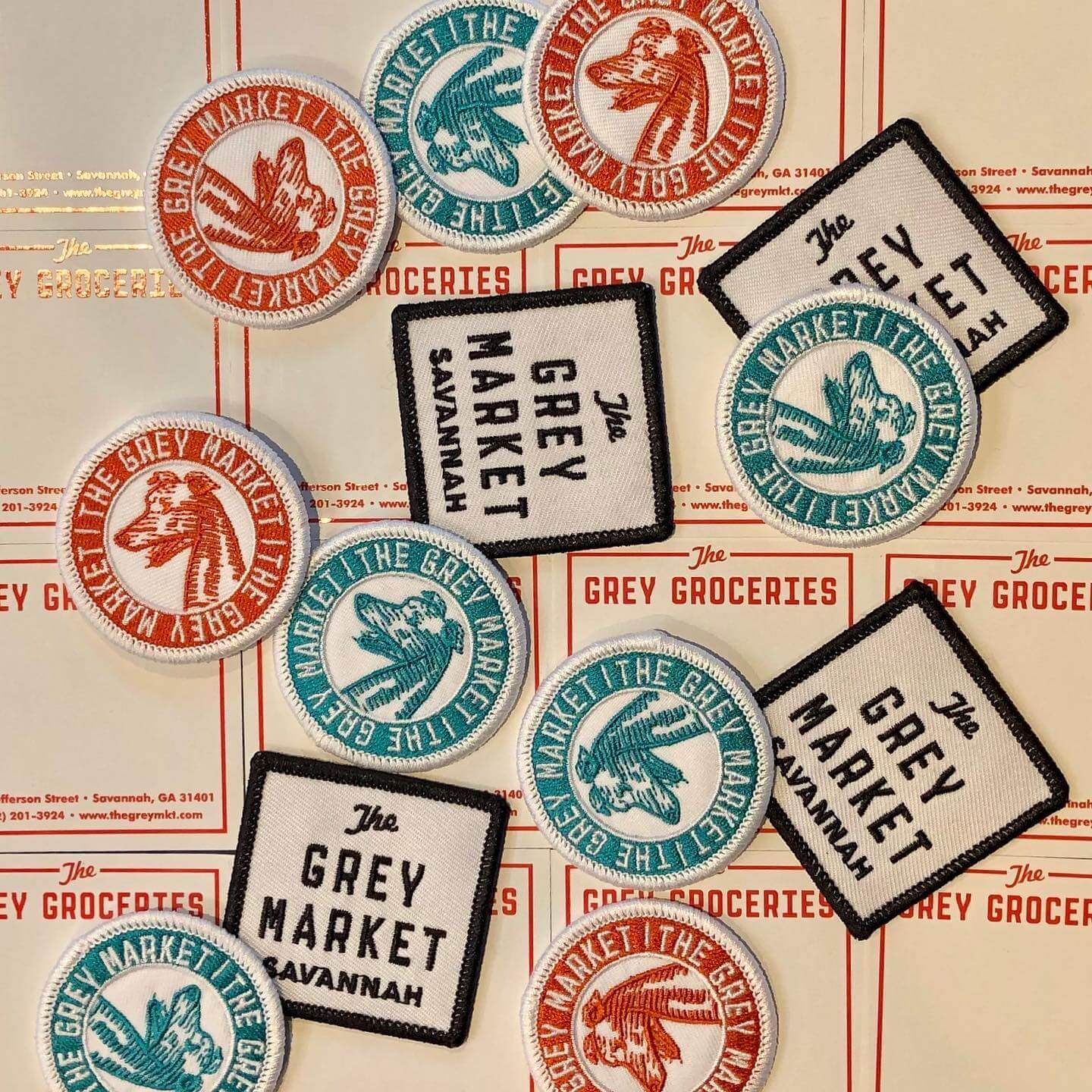 The Grey Market embroidered patches in Savannah, GA, featuring custom merchandise and visual identity by Love & War.