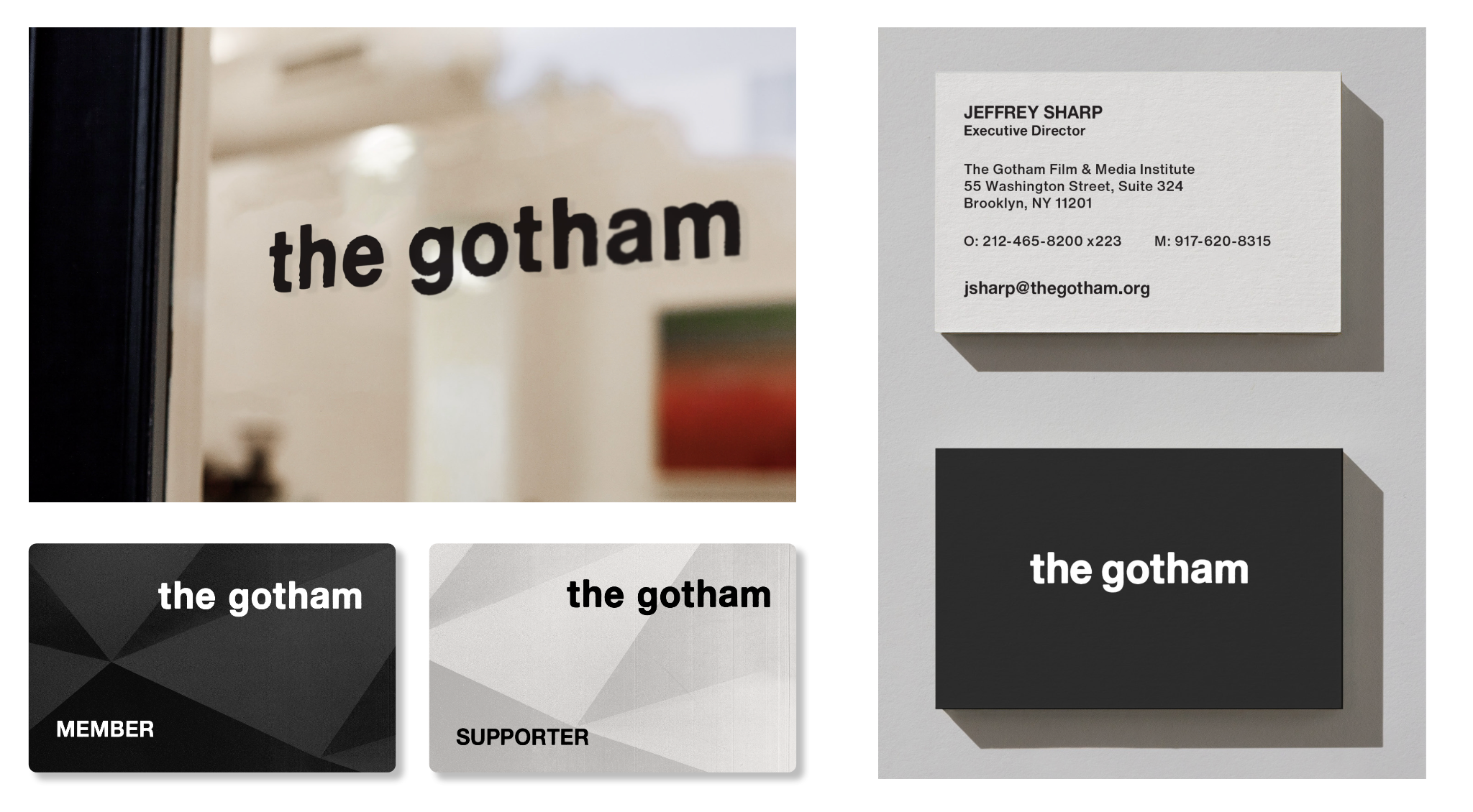 Gotham Film & Media Institute signage and stationery featuring the visual identity designed by Love & War.