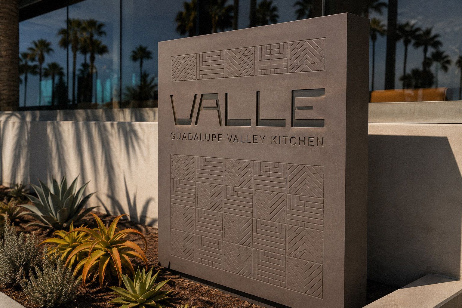 Valle restaurant signage in Oceanside, CA, featuring the visual identity and custom pattern designed by Love & War.