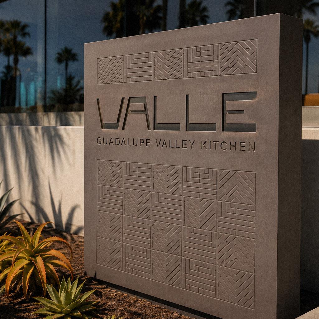 Valle restaurant signage in Oceanside, CA, featuring the visual identity and custom pattern designed by Love & War.