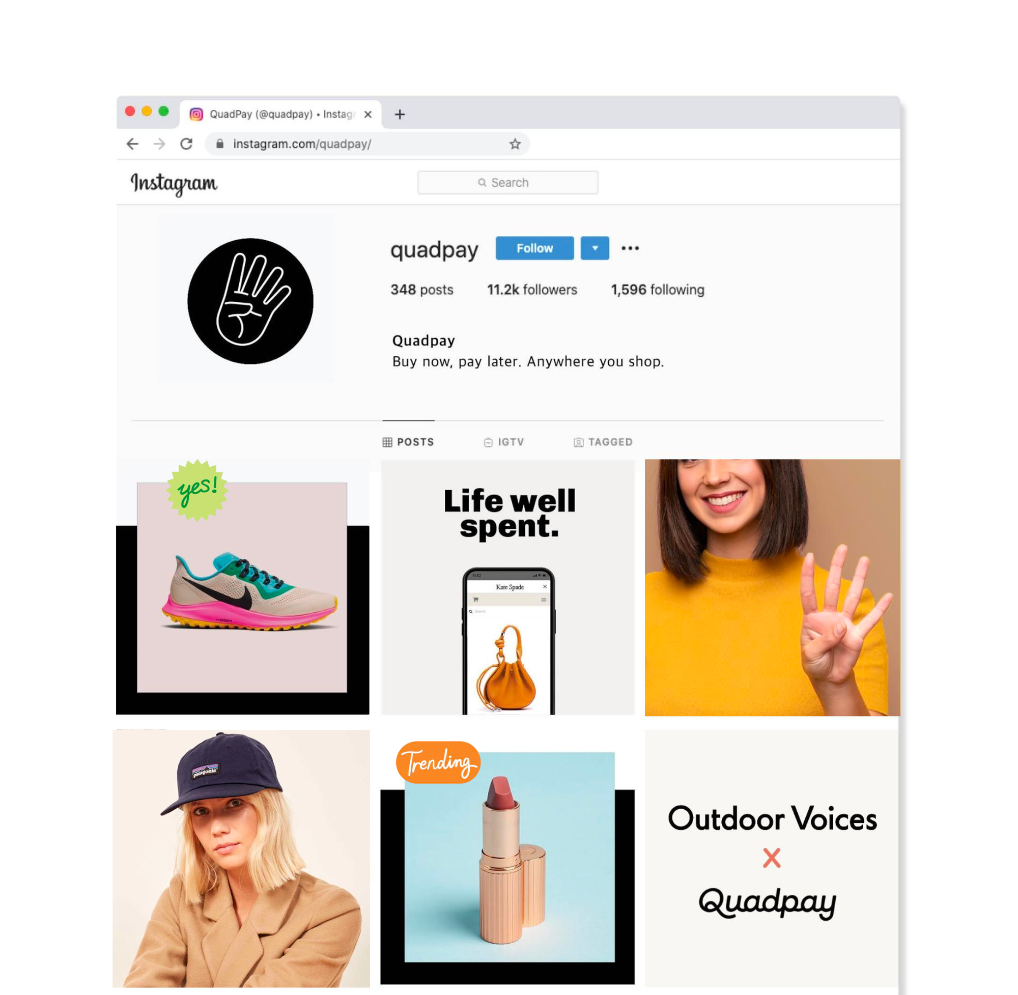 Quadpay social media identity and Instagram content created by Love & War as part of the fintech brand’s rebrand. The social system extended Quadpay’s visual identity, messaging, and “buy now, pay later” positioning across digital channels, combining product storytelling, retail partnerships, and lifestyle content to connect with a younger generation of consumers.