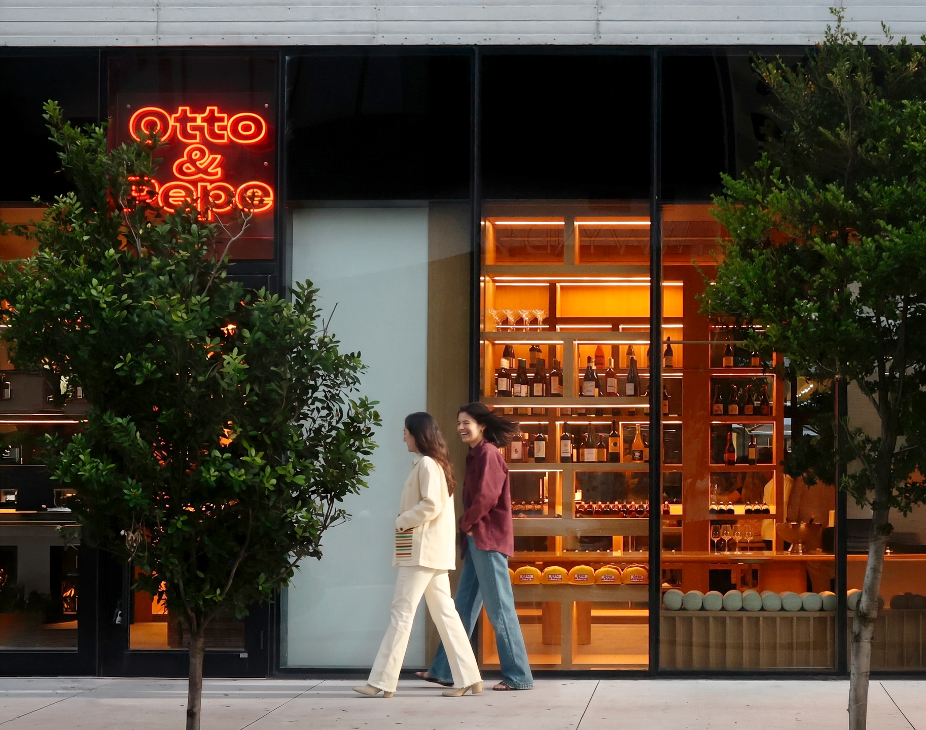 Otto & Pepe storefront in Wynwood, Miami, featuring its natural wine shop and intimate pasta bar concept. The street-facing wine shop offers a tightly curated selection of natural wines, while the space beyond leads to an omakase-style pasta dining experience. Love & War created the Otto & Pepe brand identity, naming, signage, visual system, and guest experience, building a distinctive Miami restaurant brand around the pairing of handmade pasta and natural wine.