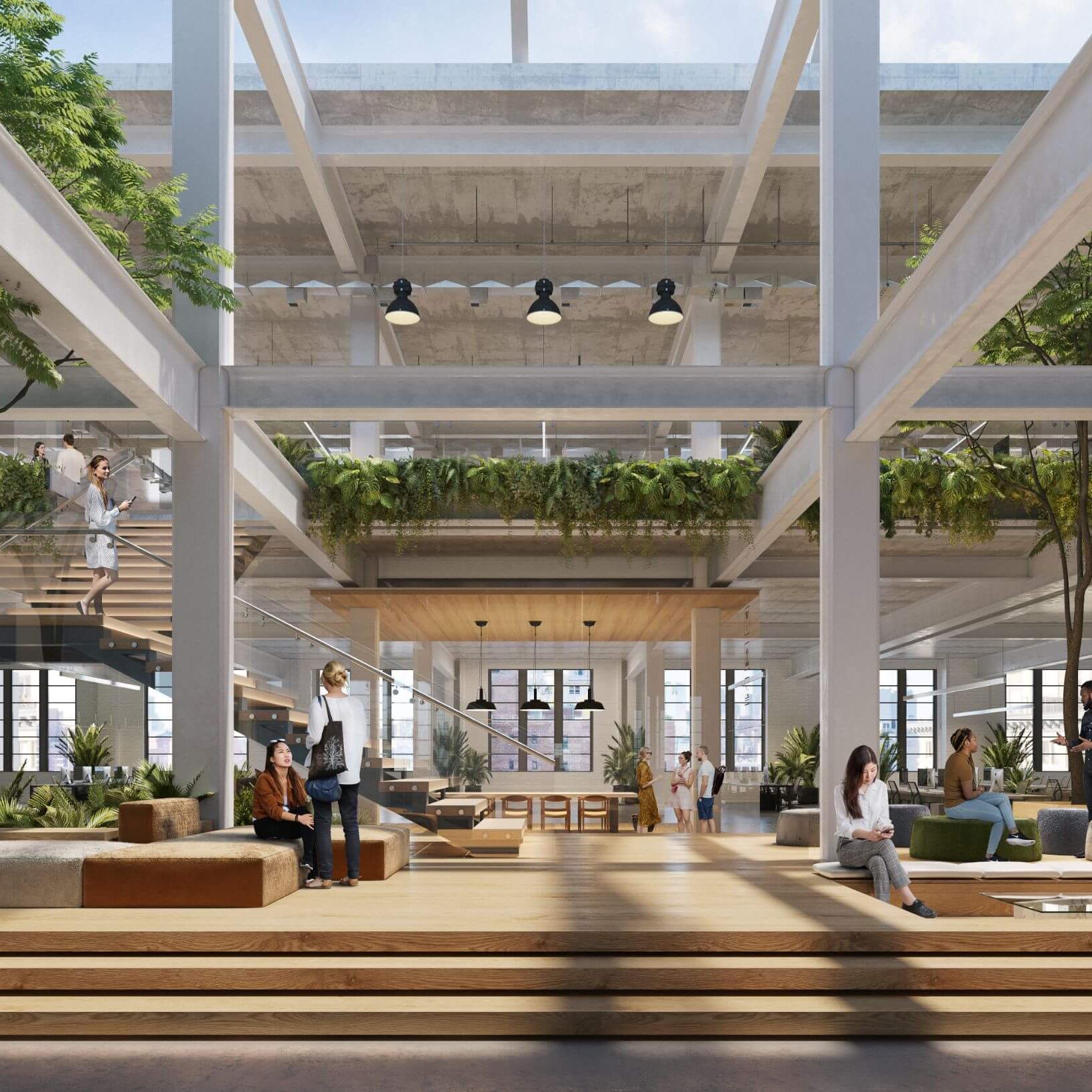 Interior of Tishman Speyer’s Morgan North workplace in New York, with campaign by Love & War.