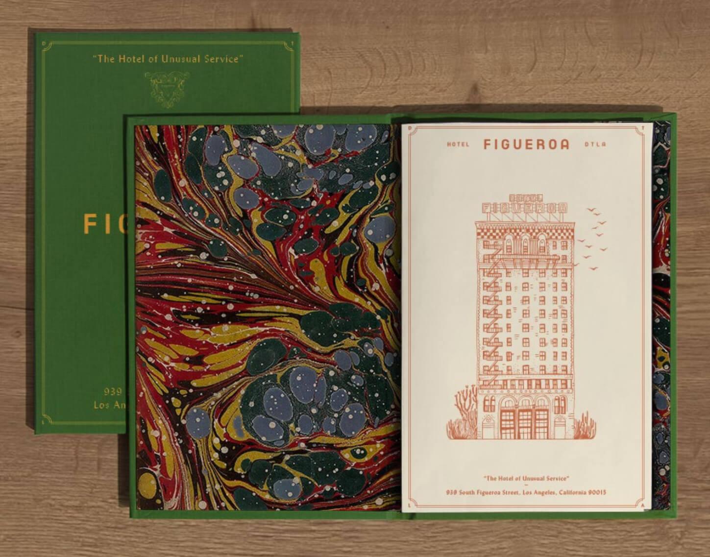 Custom Hotel Figueroa guest book featuring a hand-drawn illustration of the historic Downtown Los Angeles hotel, marbled endpapers and details from its renewed visual identity. Love & War developed the brand strategy, visual identity and guest materials for Hotel Figueroa, extending the brand across custom print collateral, illustrations and in-room touchpoints inspired by the hotel’s architecture, archives and Los Angeles history.