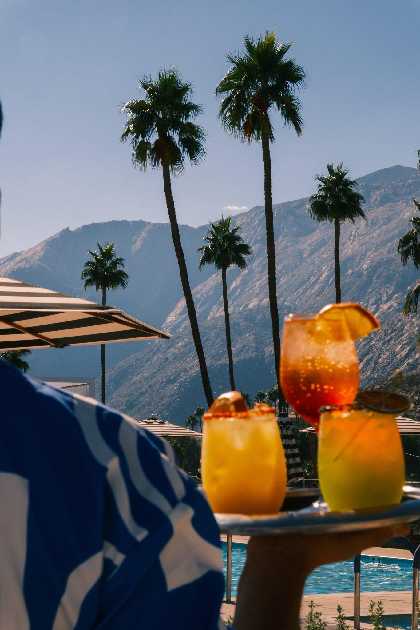 Poolside cocktails at Thompson Palm Springs with palm trees and the San Jacinto Mountains, capturing the relaxed desert setting behind the Lola Rose brand