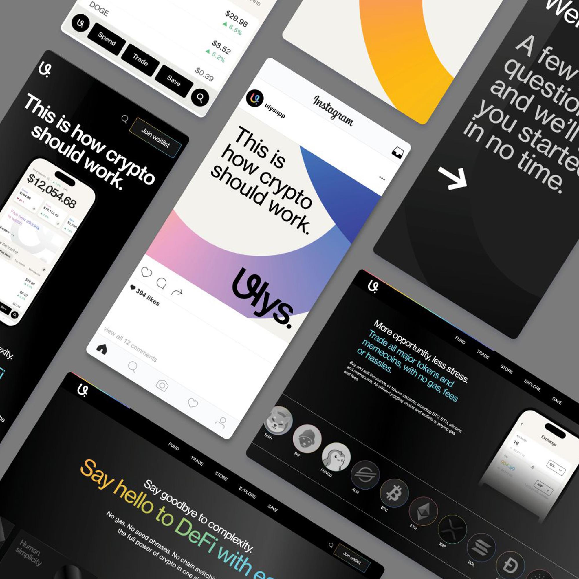 Digital interface designs for Ulys, a cryptocurrency super app created to simplify how consumers trade, earn and use crypto. Love & War developed the brand strategy, visual identity, digital product experience and interface design for Ulys, creating a cohesive brand system across the crypto app, website, social media, DeFi features and digital communications.