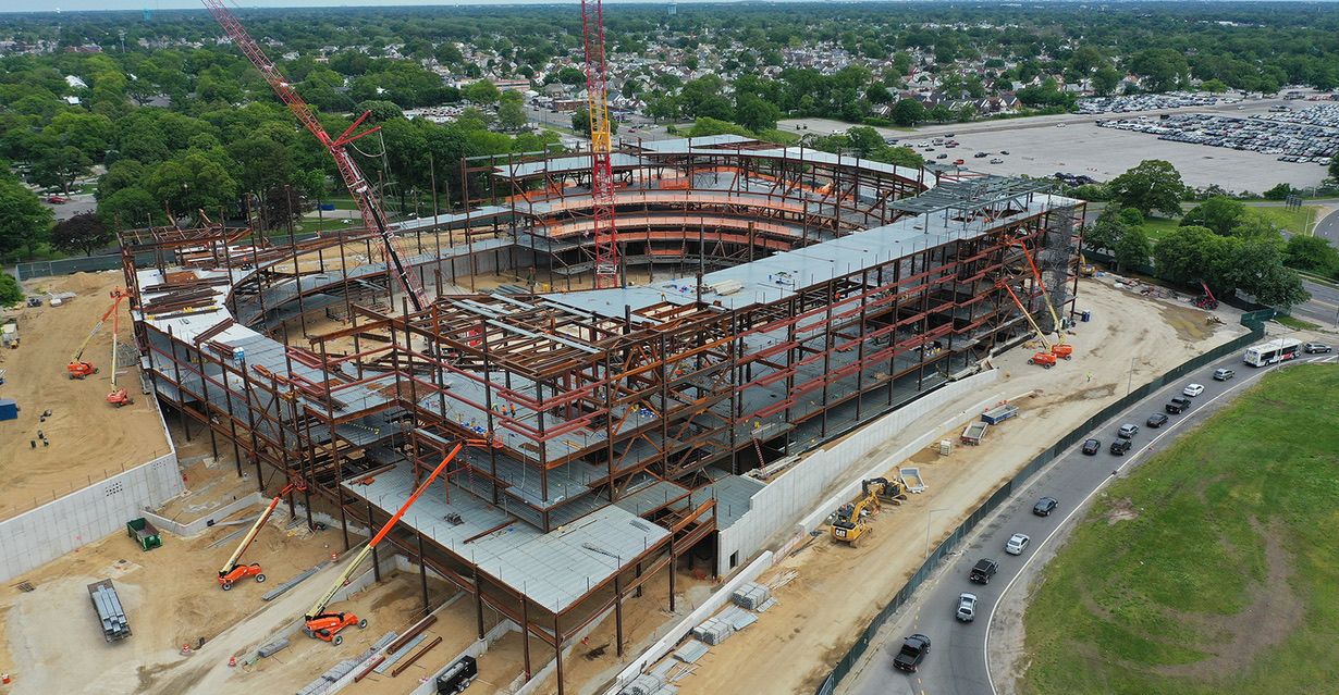 UBS Arena under construction at Belmont Park in Elmont, New York, during the development of the new home of the New York Islanders. Love & War developed the conceptual design direction and guest experience strategy for UBS Arena, working closely with architects, interior designers and development teams to help shape the arena’s hospitality experience, private clubs, food and beverage venues, suites, branded spaces and connection to the larger Belmont Park redevelopment.