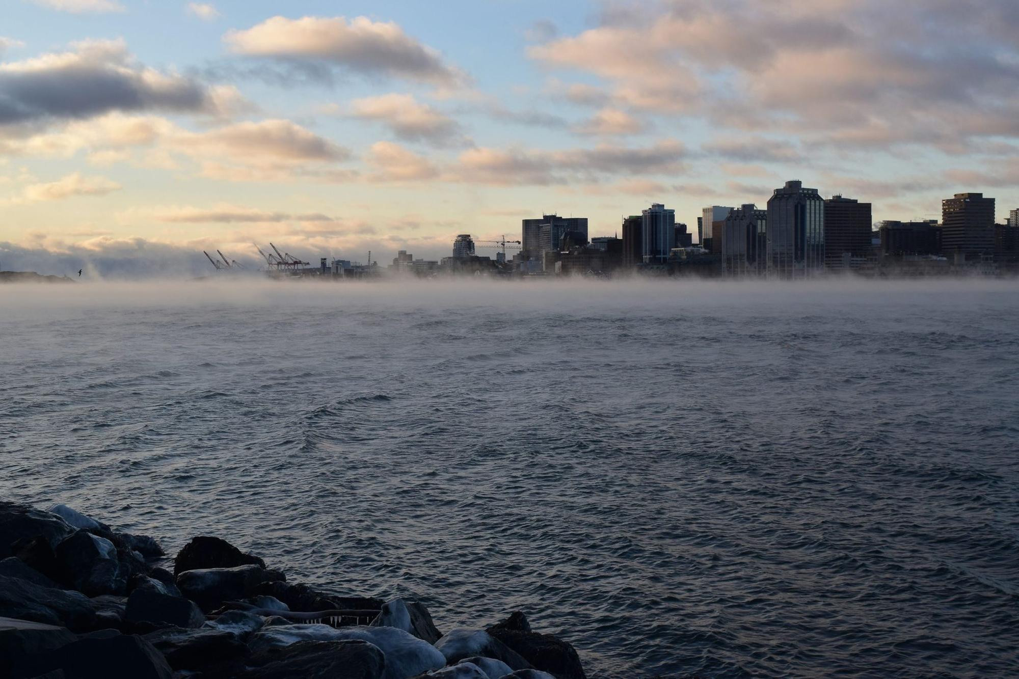 Fog drifting across Halifax Harbour, one of the natural elements that inspired the brand identity for Muir Halifax. Love & War developed the hotel's brand strategy, naming, and visual identity, drawing from Nova Scotia's weather, landscape, and maritime character to create an authentic luxury hospitality brand.
