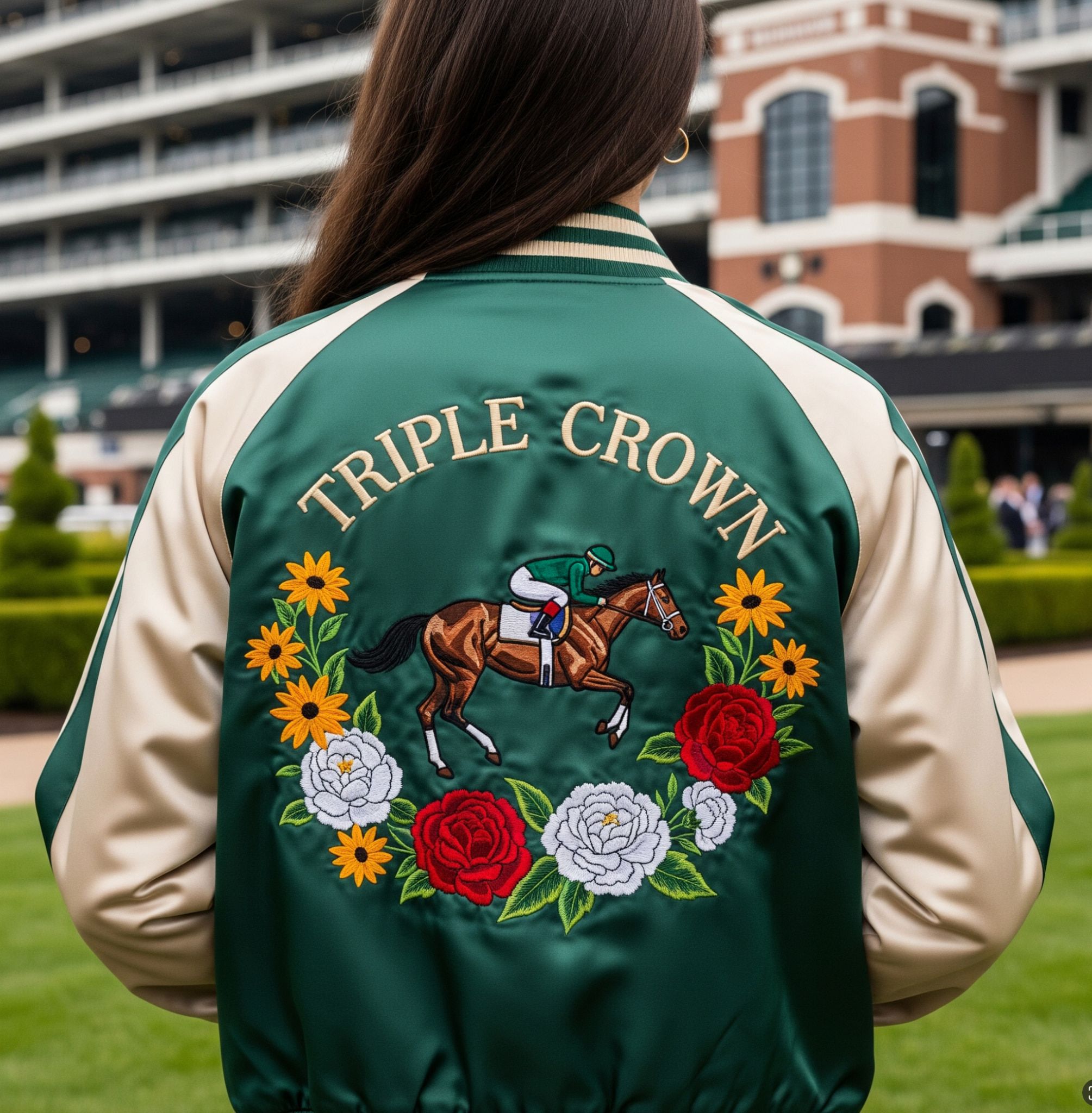 Belmont Park — Custom Merchandise & Destination Branding by Love & War Custom Belmont Park Triple Crown jacket featuring embroidered horse racing imagery and floral graphics inspired by the heritage of the historic racetrack in Elmont, New York. Love & War developed the brand vision, placemaking strategy and branded guest experience for the redevelopment of Belmont Park, extending the destination identity into custom apparel, merchandise and hospitality touchpoints that connect Belmont’s horse racing legacy with a new generation of visitors.