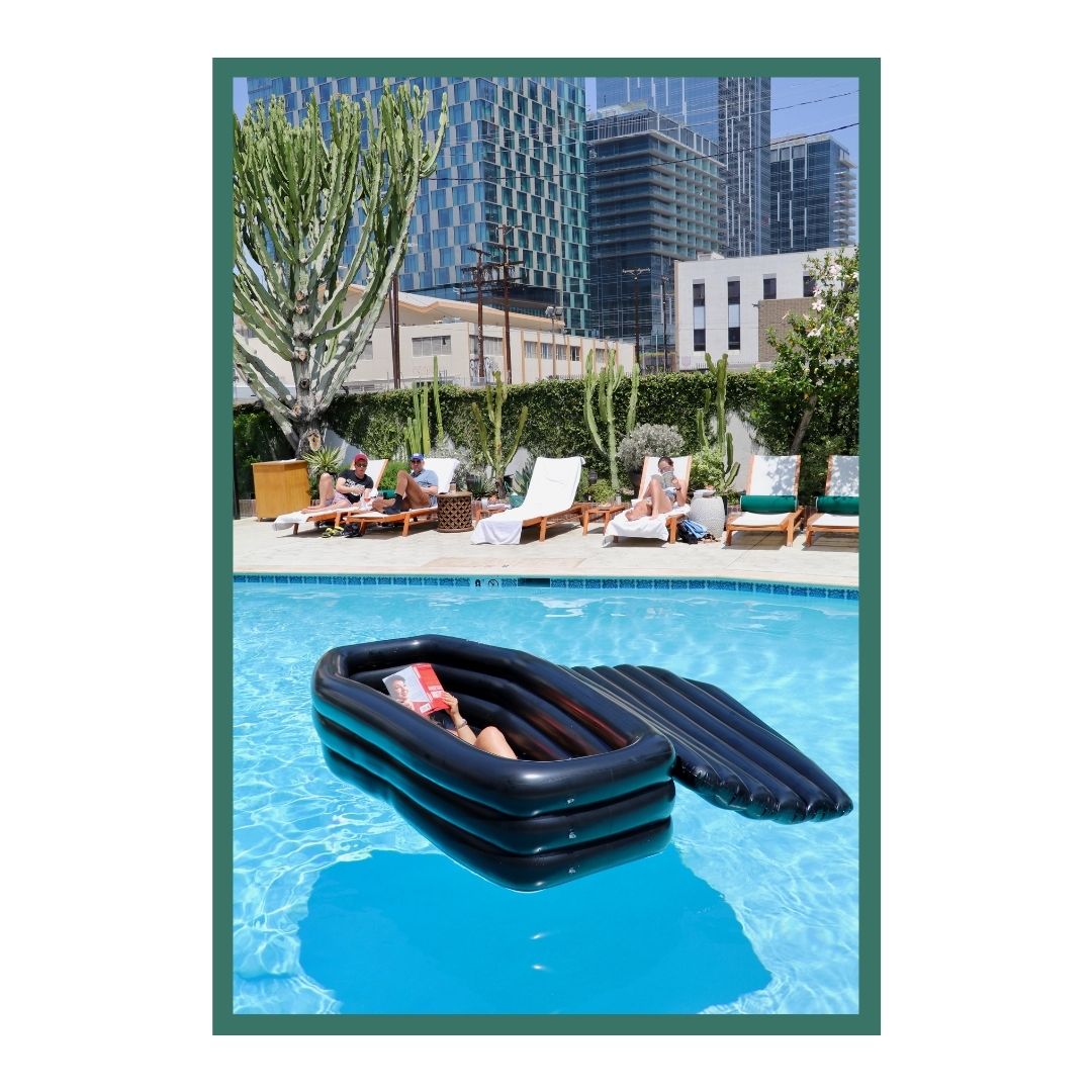 The iconic coffin-shaped pool at Hotel Figueroa, the historic boutique hotel in Downtown Los Angeles (DTLA), featuring a custom inflatable inspired by the pool’s distinctive form. Love & War developed the brand strategy, visual identity and guest materials for Hotel Figueroa, using the unusual coffin shape as a recurring inspiration within the hotel’s brand identity and extending it into playful guest experiences and branded touchpoints.