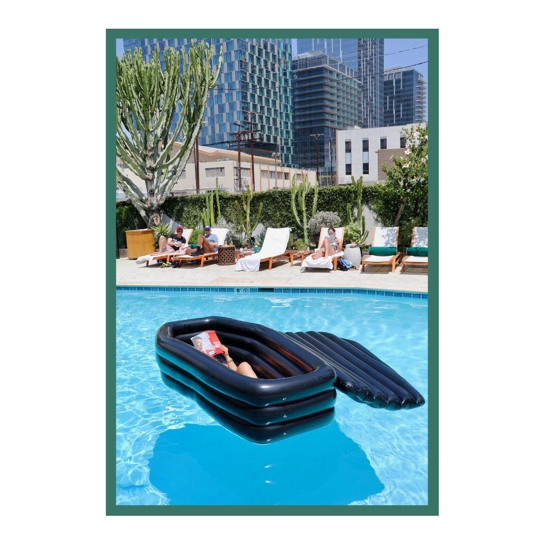 The iconic coffin-shaped pool at Hotel Figueroa, the historic boutique hotel in Downtown Los Angeles (DTLA), featuring a custom inflatable inspired by the pool’s distinctive form. Love & War developed the brand strategy, visual identity and guest materials for Hotel Figueroa, using the unusual coffin shape as a recurring inspiration within the hotel’s brand identity and extending it into playful guest experiences and branded touchpoints.