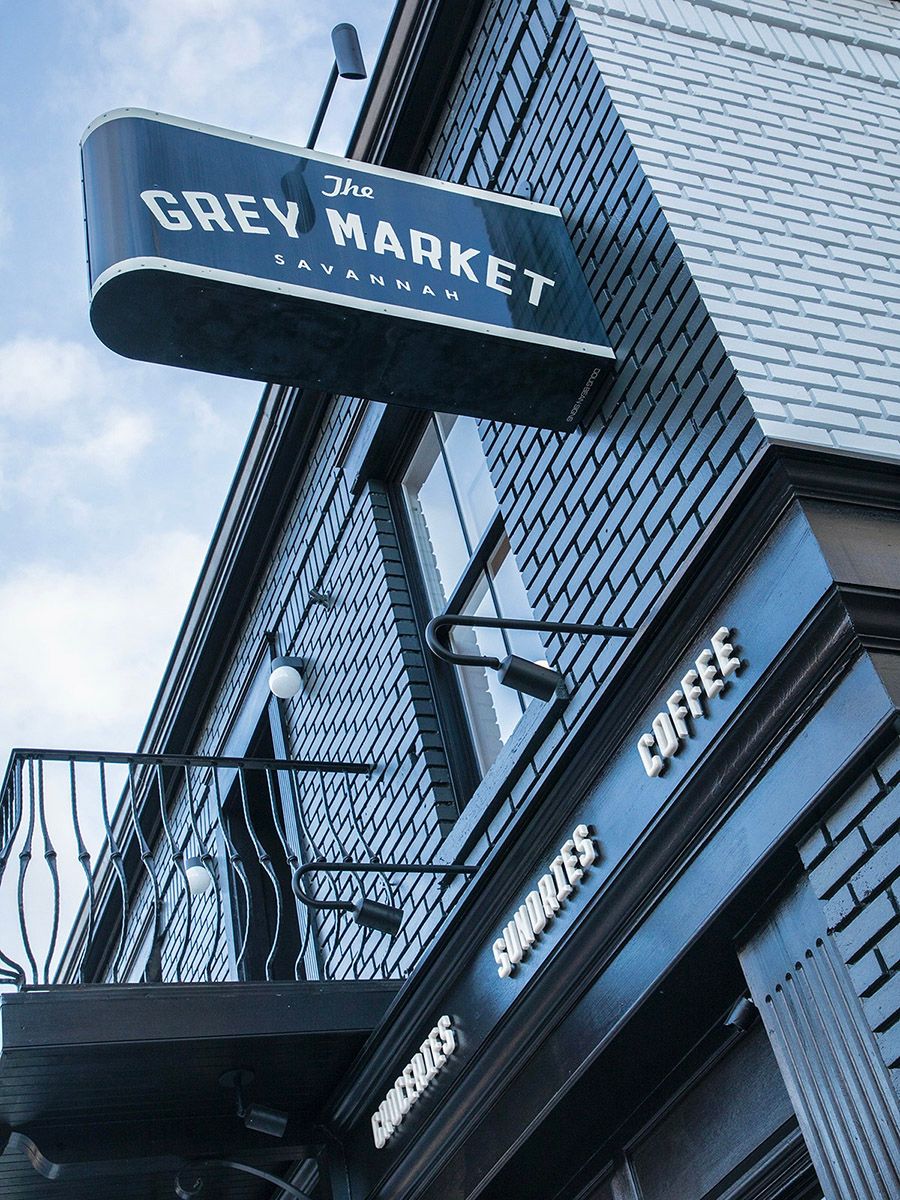 The Grey Market exterior signage in Savannah, GA, featuring storefront and brand identity designed by Love & War.