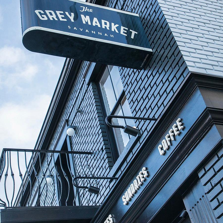The Grey Market exterior signage in Savannah, GA, featuring storefront and brand identity designed by Love & War.
