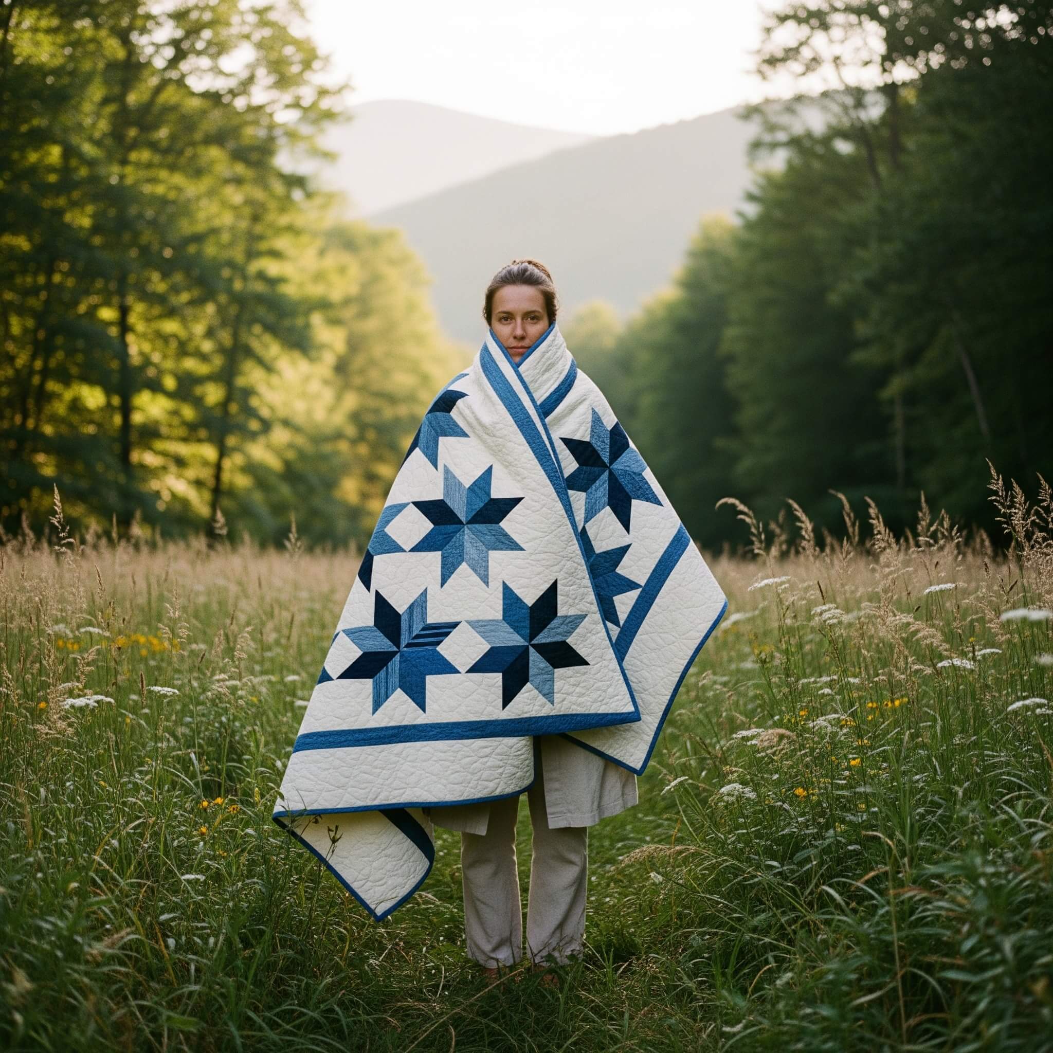 Guest with a custom quilt at Hemlock Neversink, a Catskills wellness retreat branded by Love & War.