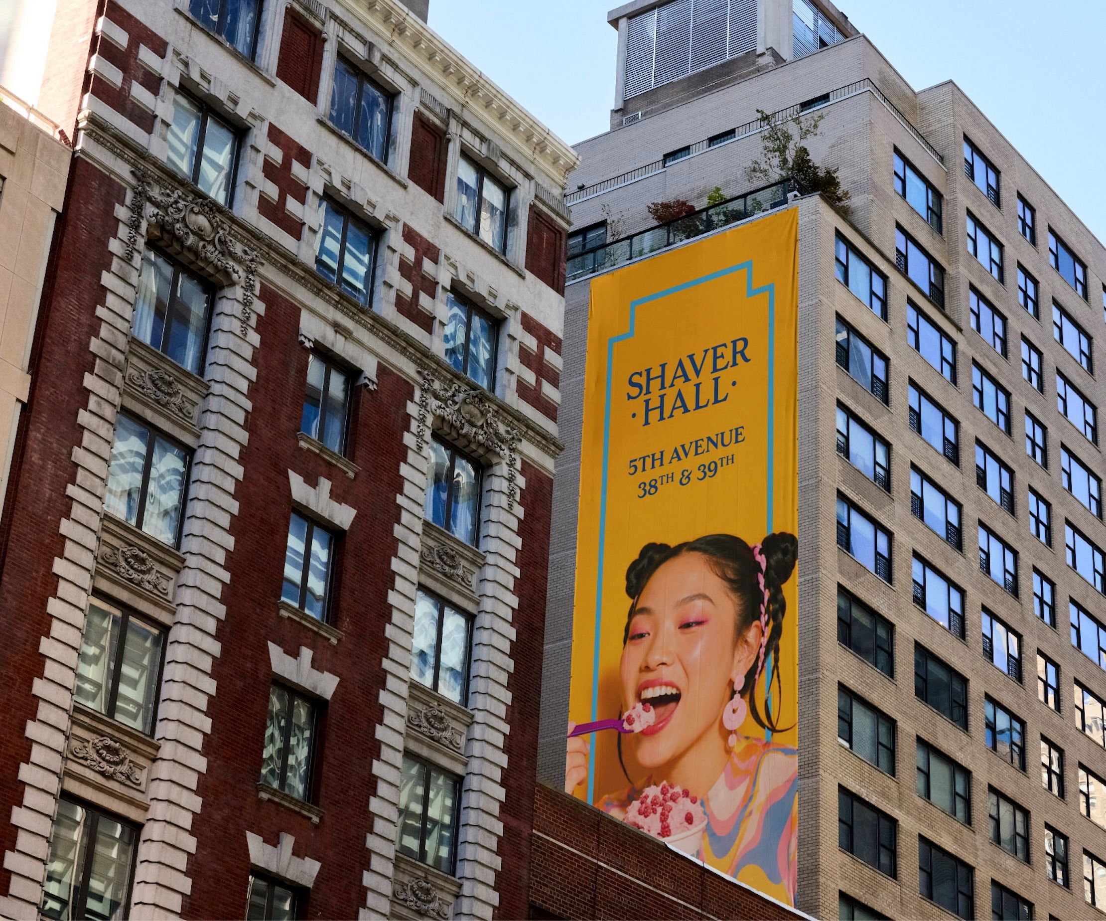 Shaver Hall billboard on Fifth Avenue in New York, featuring brand identity and campaign design by Love & War.