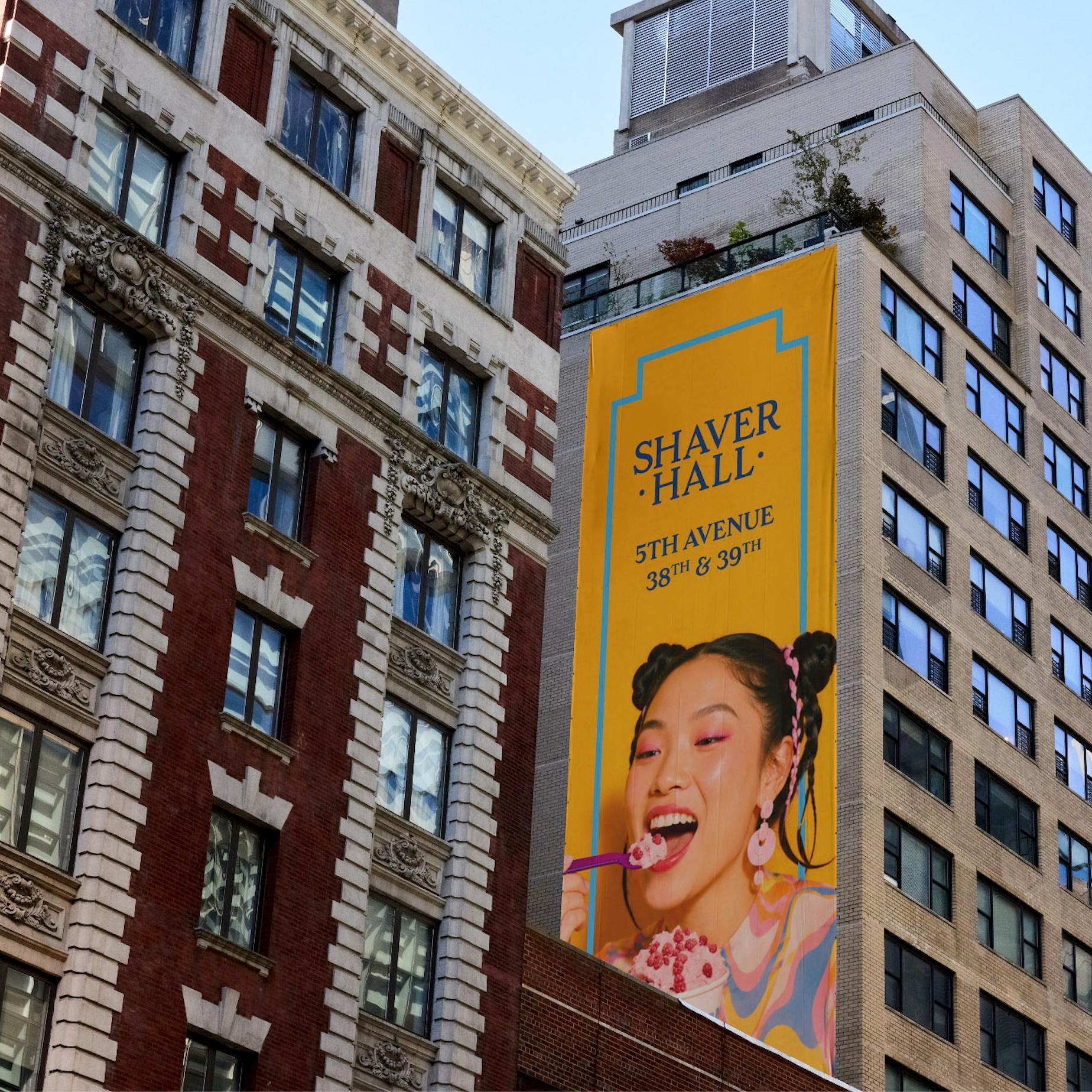 Shaver Hall billboard on Fifth Avenue in New York, featuring brand identity and campaign design by Love & War.