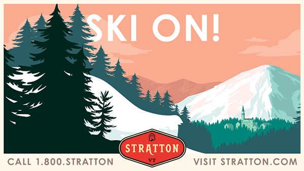 Love & War “Let’s Winter” advertising campaign for Stratton Mountain Resort in Vermont, featuring an illustrated skiing bear, snowy mountain landscape and Stratton branding.